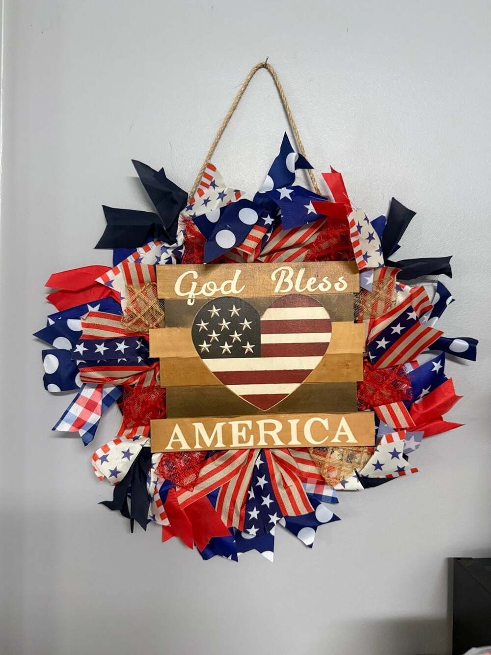God Bless America Wooden Sign Patriotic Red White And Blue Ribbon Wreath 16 Inch